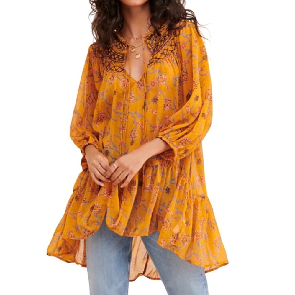 NEW Free People Keeping up with Kara Tunic Top Mustard Floral Smocked L Bohemian